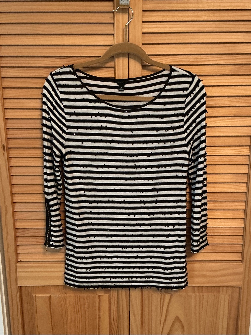 Ann Taylor Black & White Striped Boatneck Tee